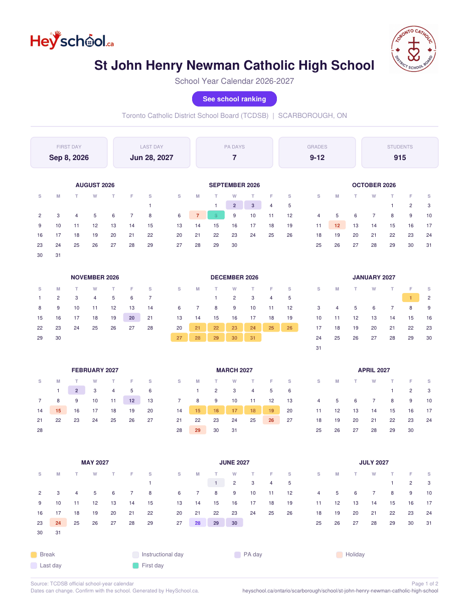 St John Henry Newman Catholic High School School Year Calendar 2026-2027