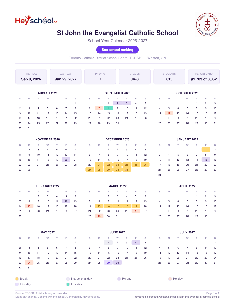 St John the Evangelist Catholic School School Year Calendar 2026-2027