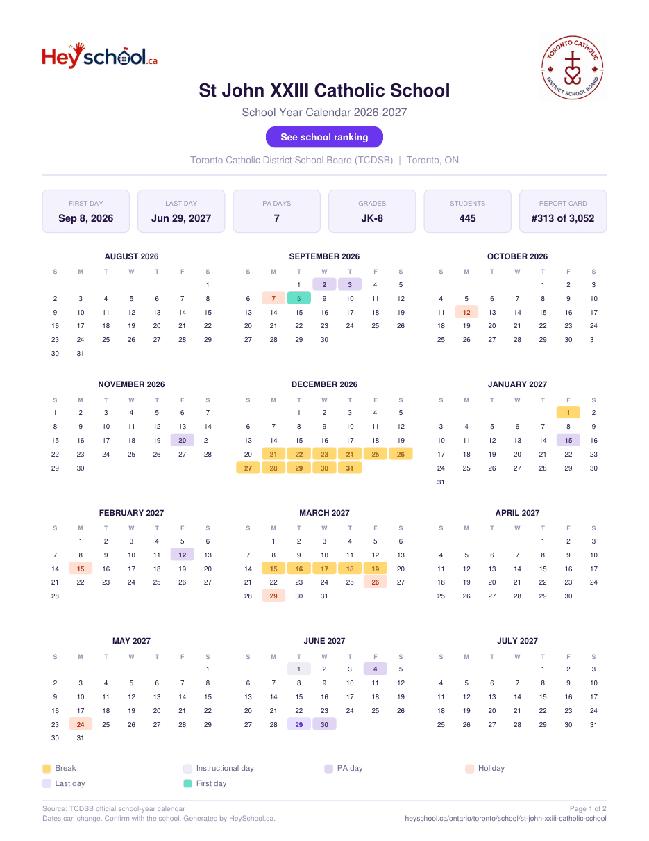 St John XXIII Catholic School School Year Calendar 2026-2027