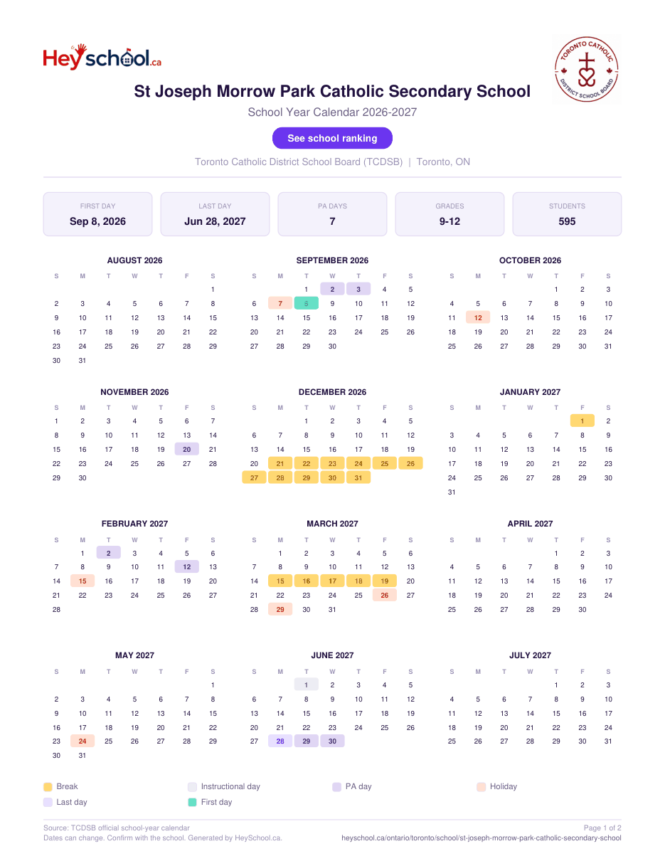 St Joseph Morrow Park Catholic Secondary School School Year Calendar 2026-2027