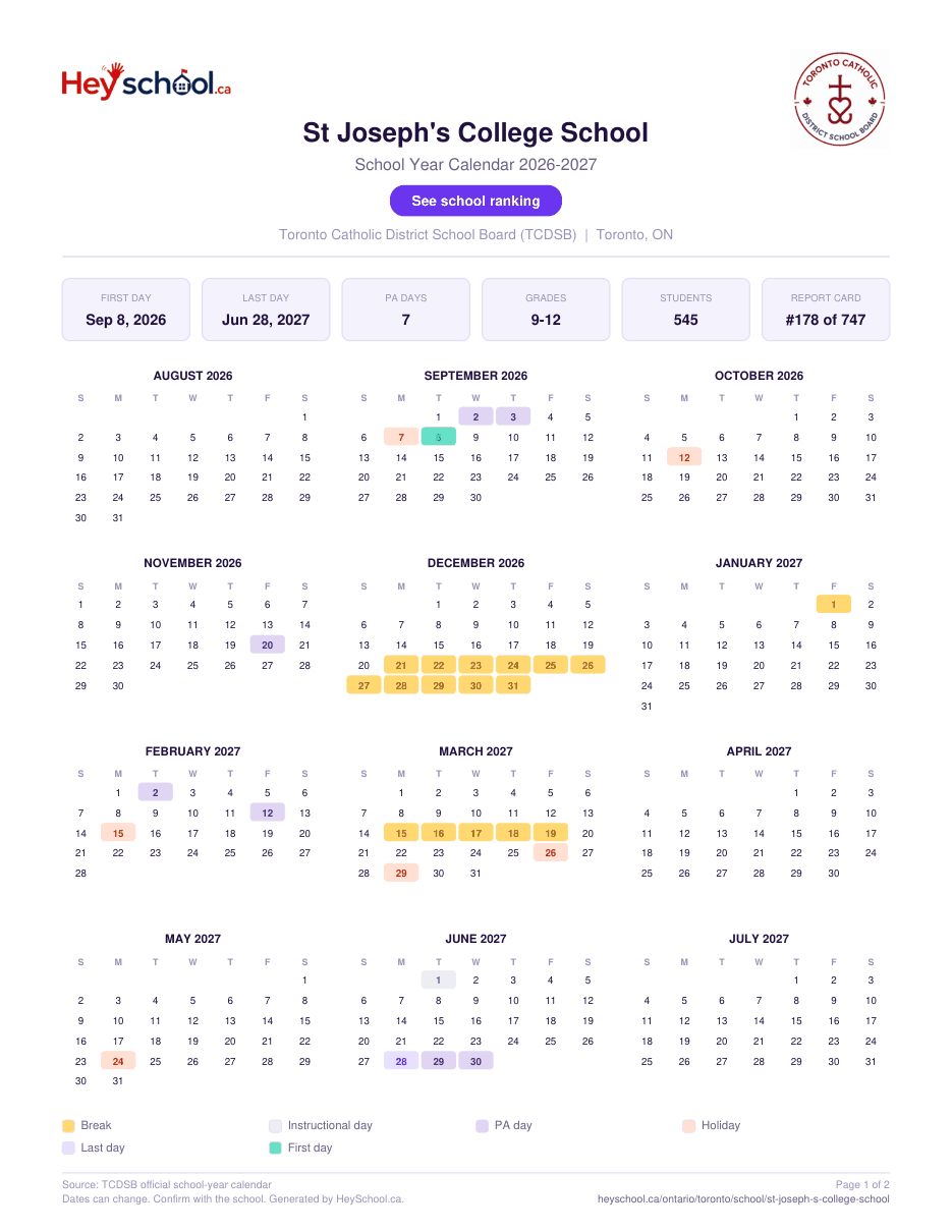St Joseph's College School School Year Calendar 2026-2027
