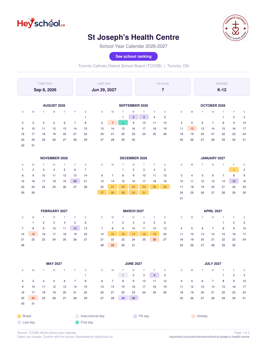 St Joseph's Health Centre School Year Calendar 2026-2027