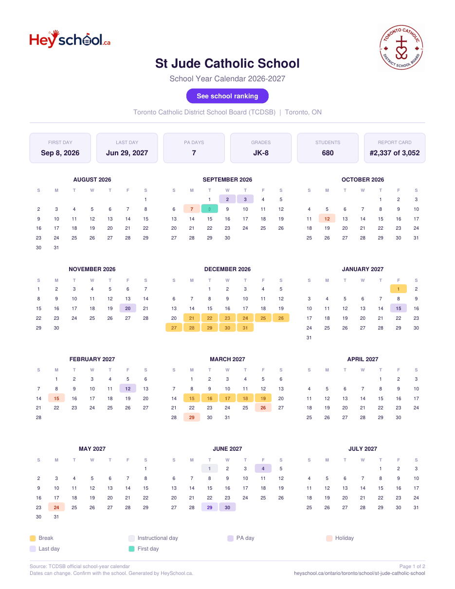 St Jude Catholic School School Year Calendar 2026-2027