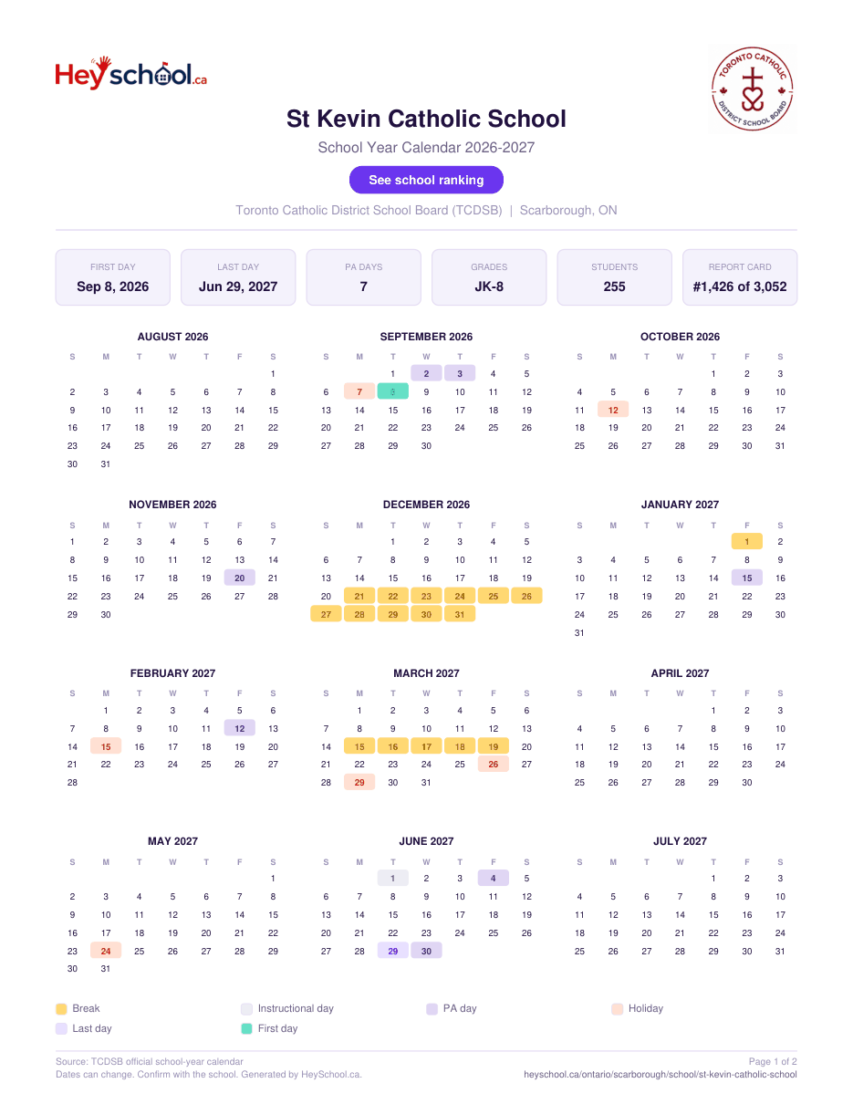 St Kevin Catholic School School Year Calendar 2026-2027