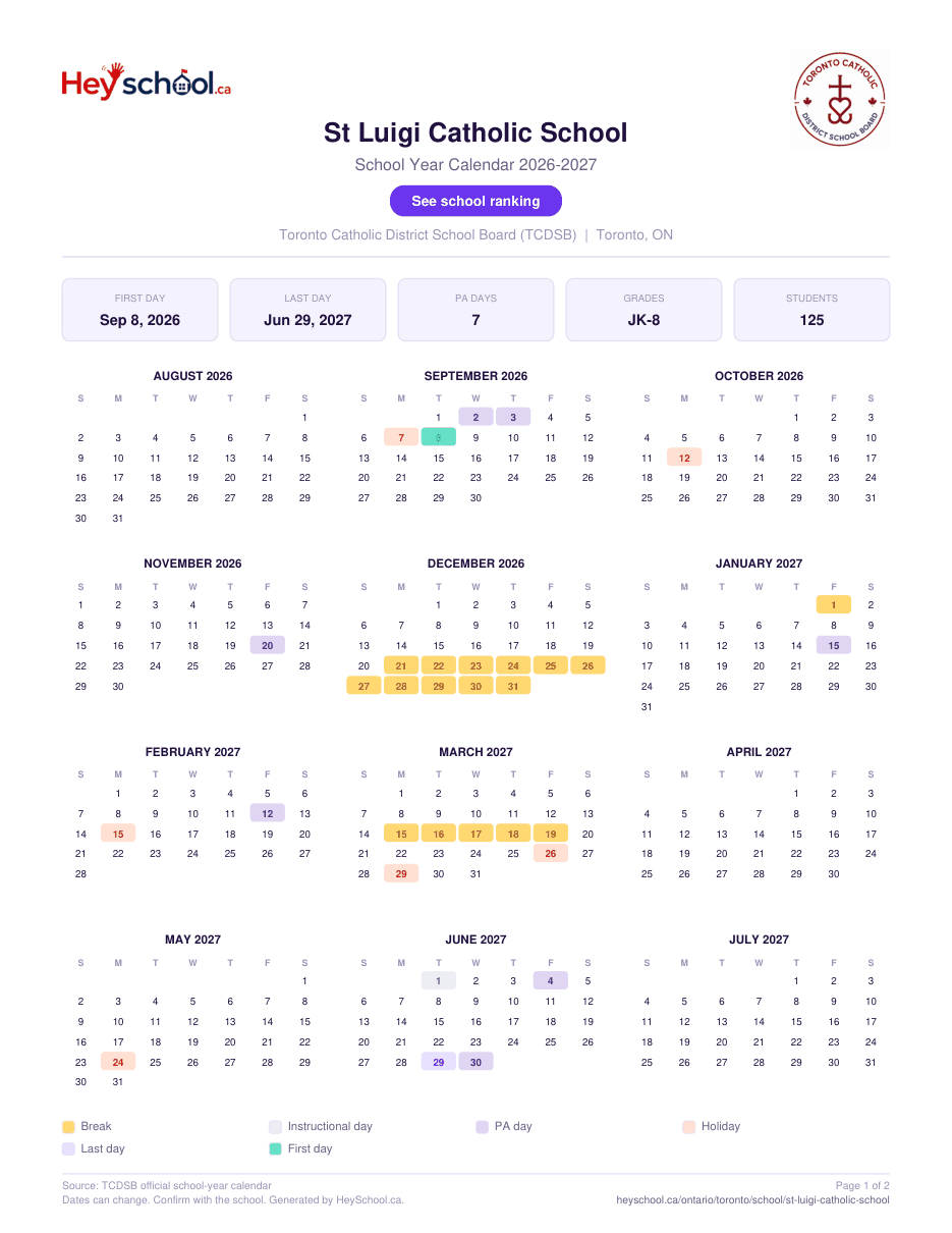 St Luigi Catholic School School Year Calendar 2026-2027