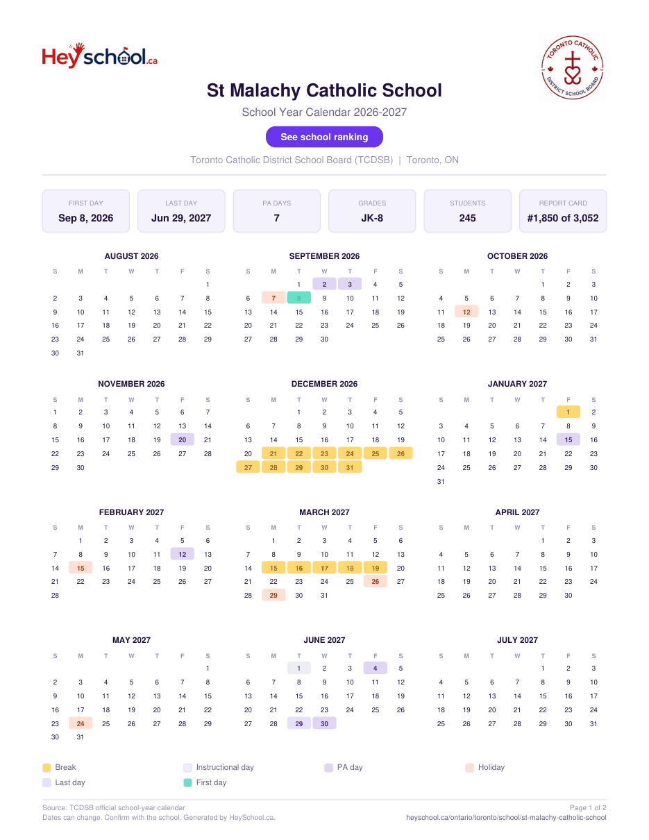 St Malachy Catholic School School Year Calendar 2026-2027