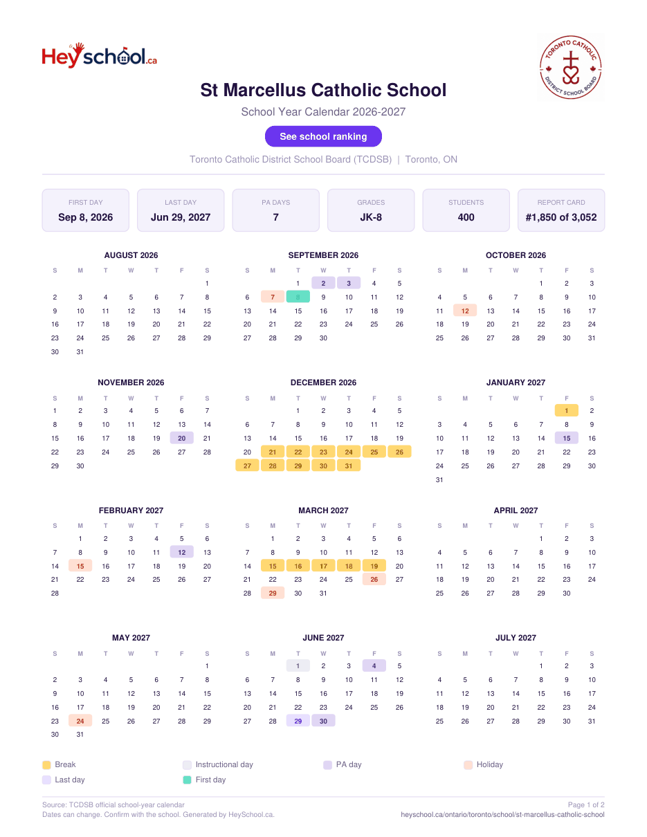St Marcellus Catholic School School Year Calendar 2026-2027