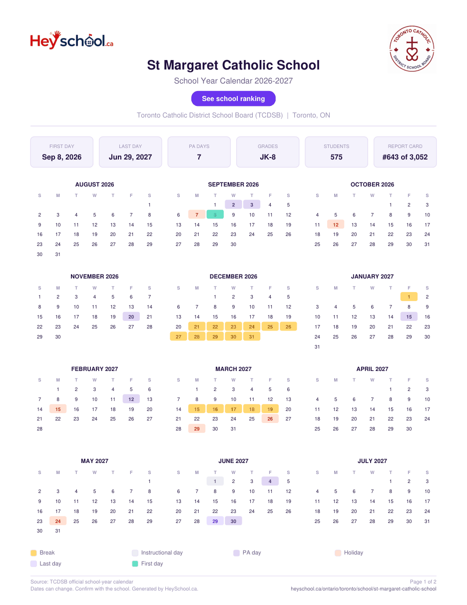 St Margaret Catholic School School Year Calendar 2026-2027