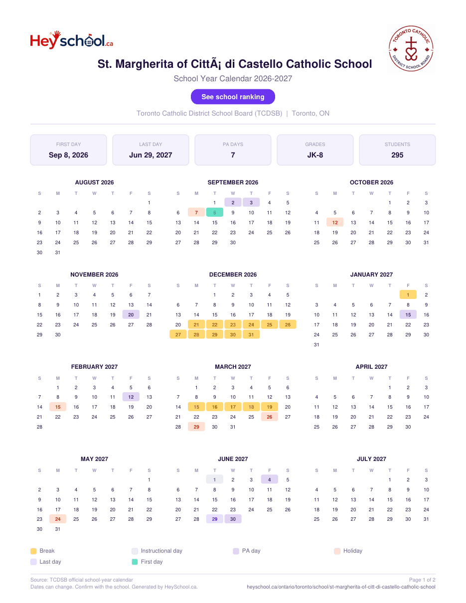St. Margherita of CittÃ¡ di Castello Catholic School School Year Calendar 2026-2027