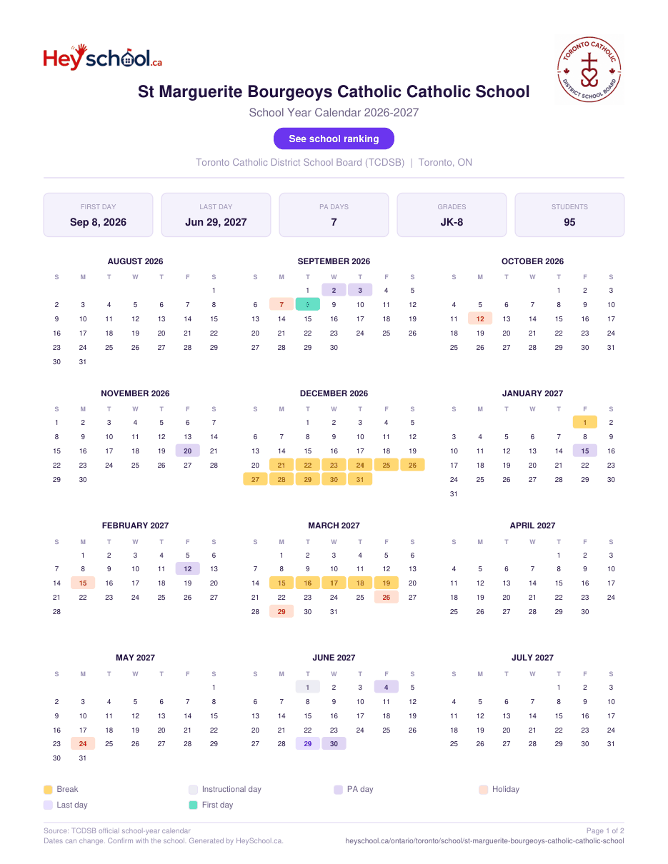 St Marguerite Bourgeoys Catholic Catholic School School Year Calendar 2026-2027