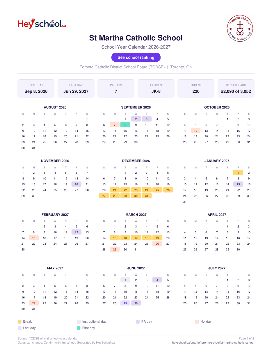 St Martha Catholic School School Year Calendar 2026-2027