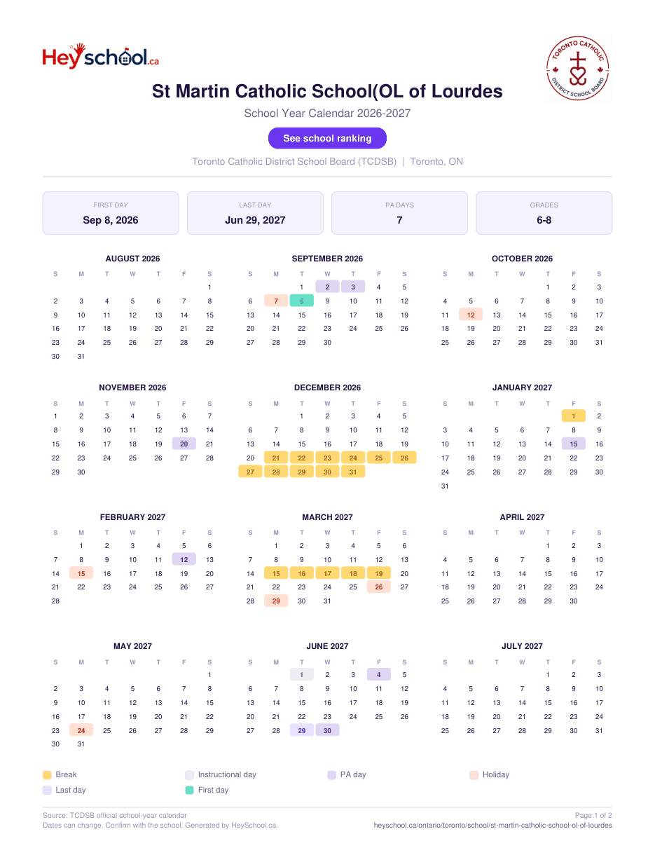 St Martin Catholic School(OL of Lourdes School Year Calendar 2026-2027