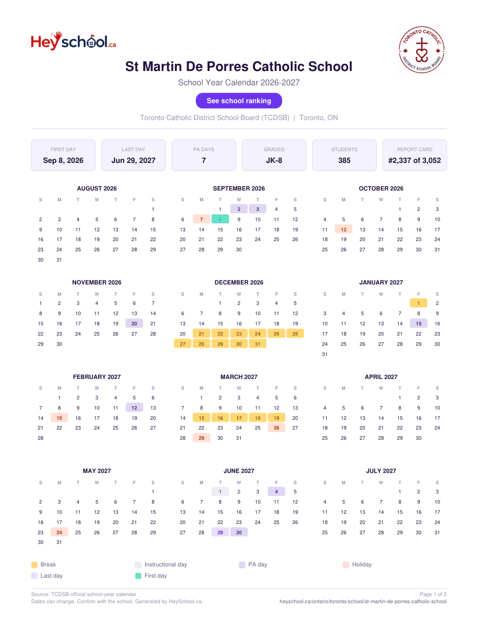 St Martin De Porres Catholic School School Year Calendar 2026-2027