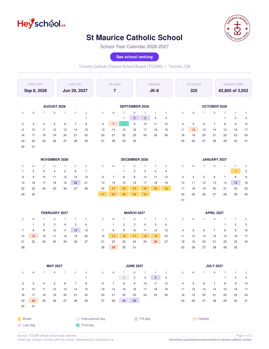 St Maurice Catholic School School Year Calendar 2026-2027