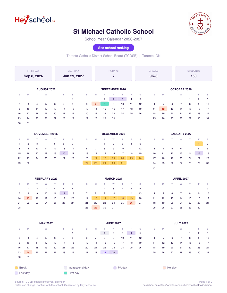 St Michael Catholic School School Year Calendar 2026-2027