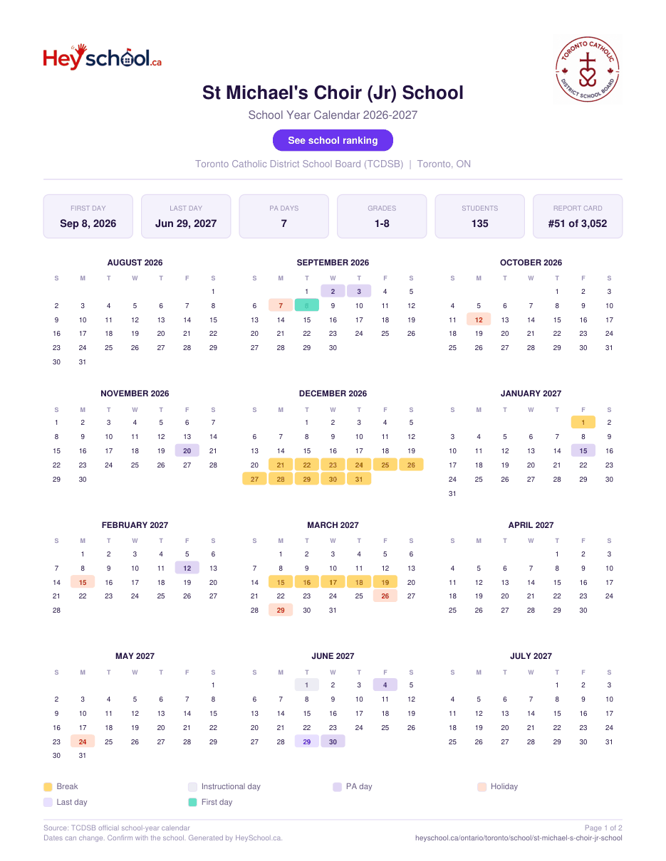 St Michael's Choir (Jr) School School Year Calendar 2026-2027