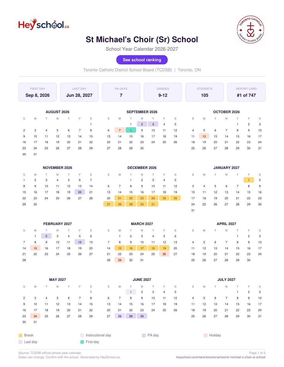 St Michael's Choir (Sr) School School Year Calendar 2026-2027