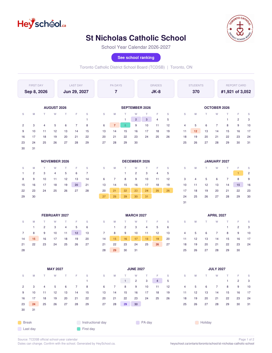 St Nicholas Catholic School School Year Calendar 2026-2027