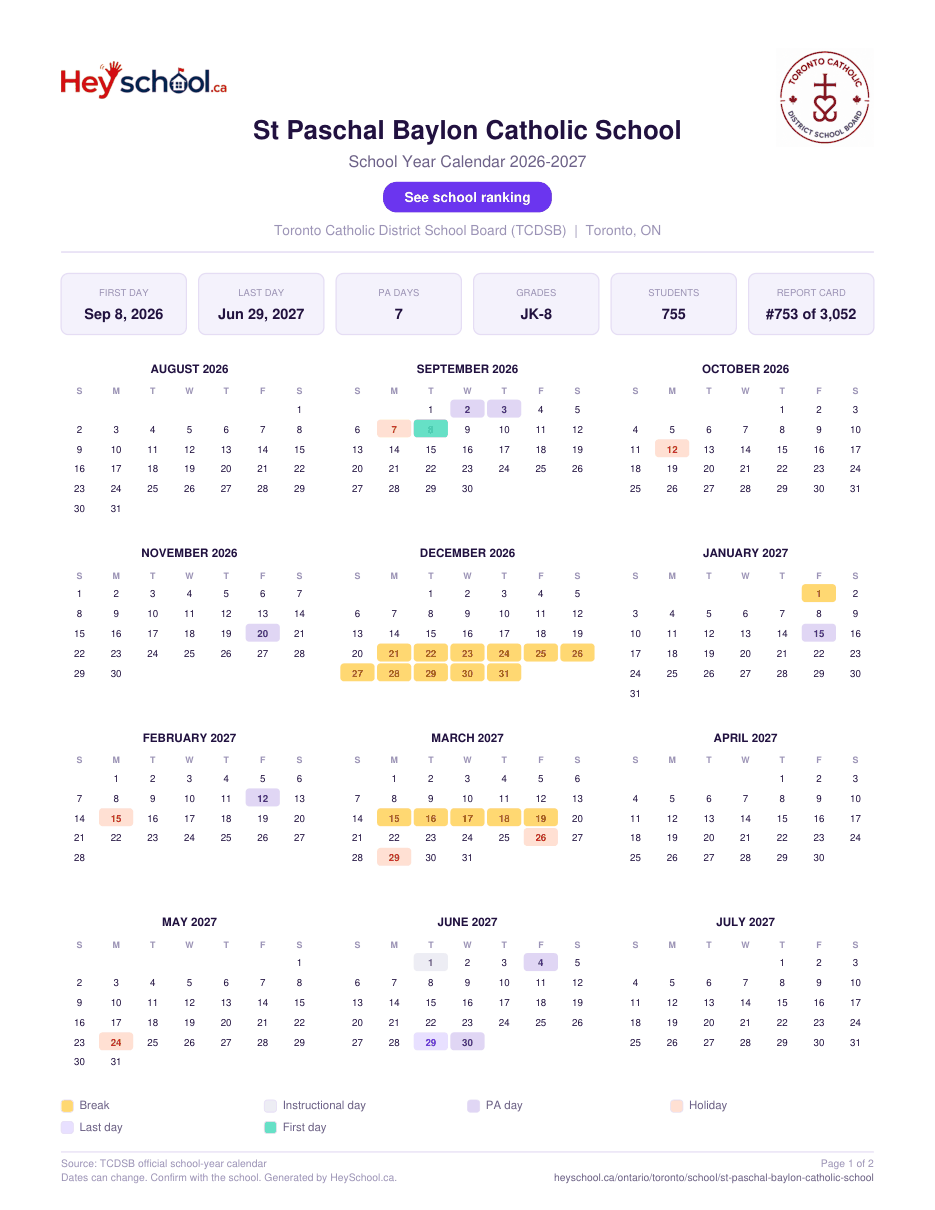 St Paschal Baylon Catholic School School Year Calendar 2026-2027