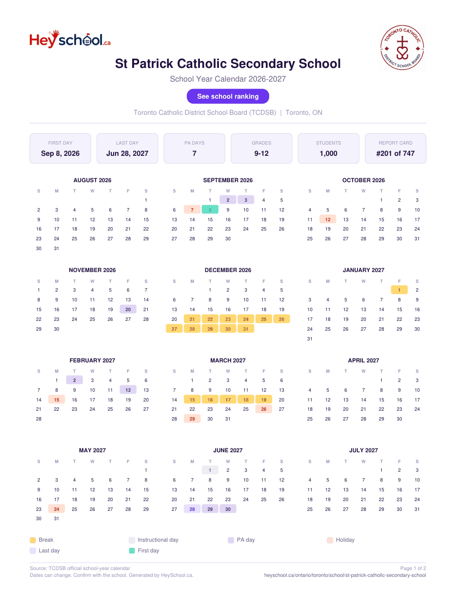 St Patrick Catholic Secondary School School Year Calendar 2026-2027