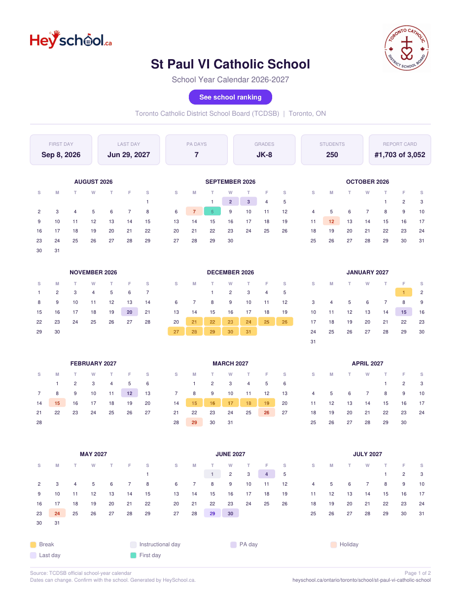St Paul VI Catholic School School Year Calendar 2026-2027