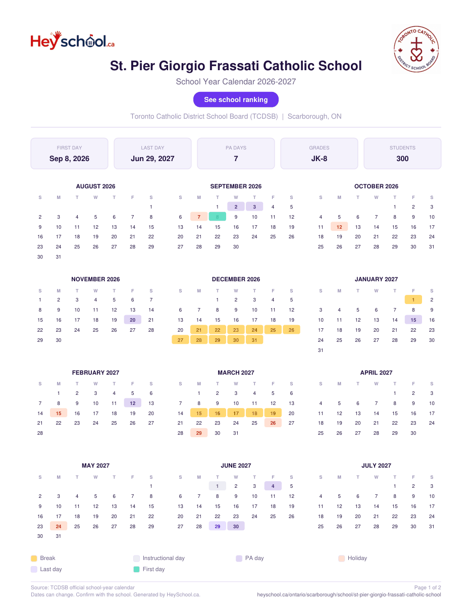St. Pier Giorgio Frassati Catholic School School Year Calendar 2026-2027