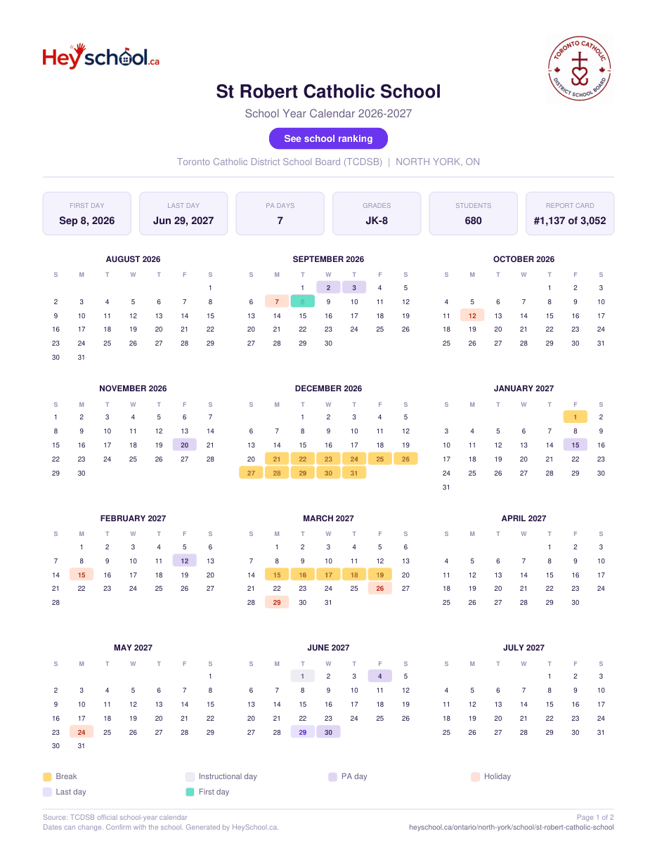 St Robert Catholic School School Year Calendar 2026-2027