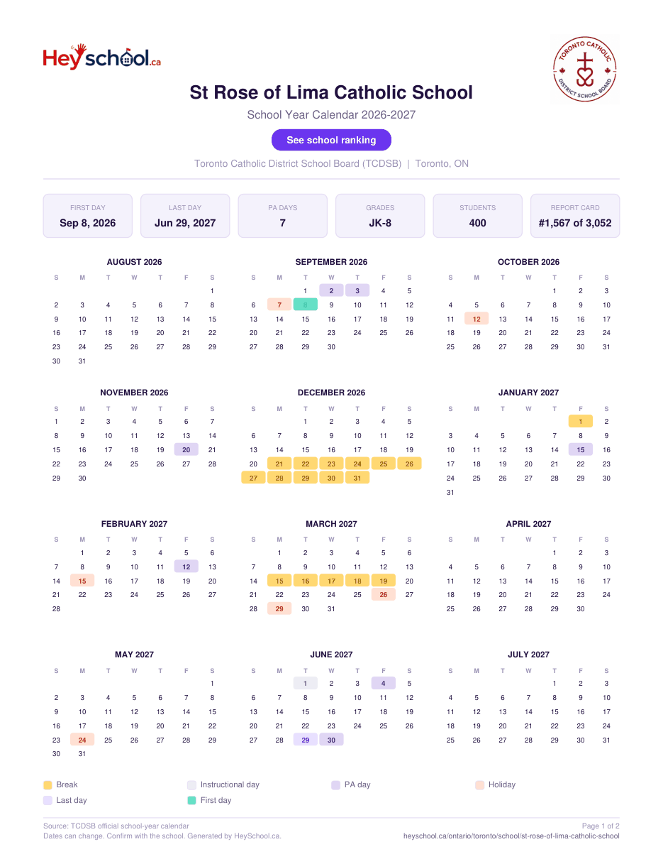 St Rose of Lima Catholic School School Year Calendar 2026-2027