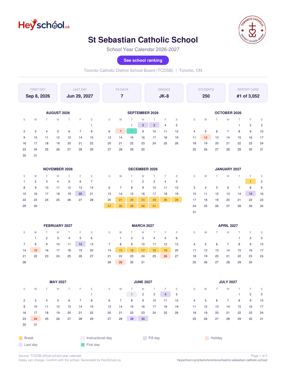 St Sebastian Catholic School School Year Calendar 2026-2027