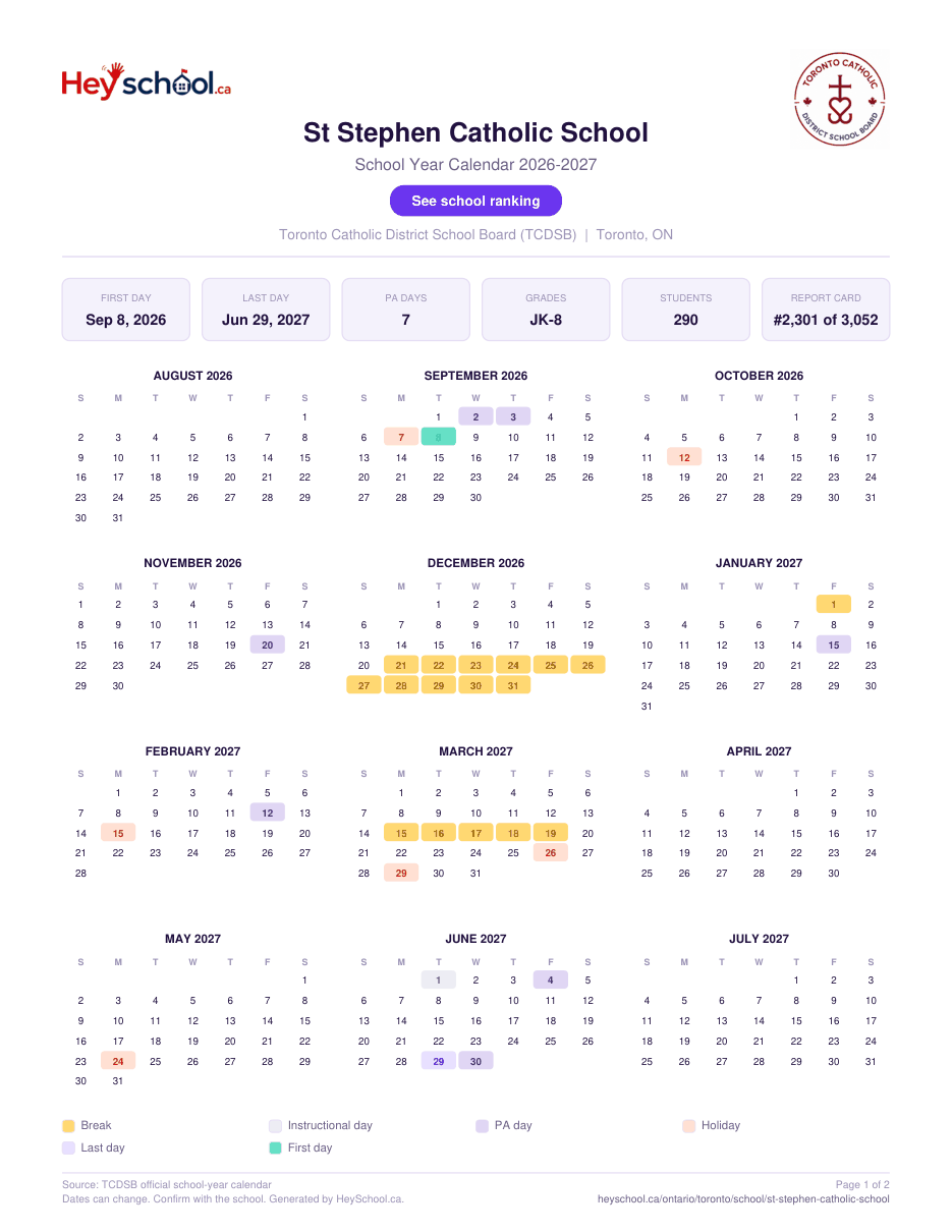 St Stephen Catholic School School Year Calendar 2026-2027