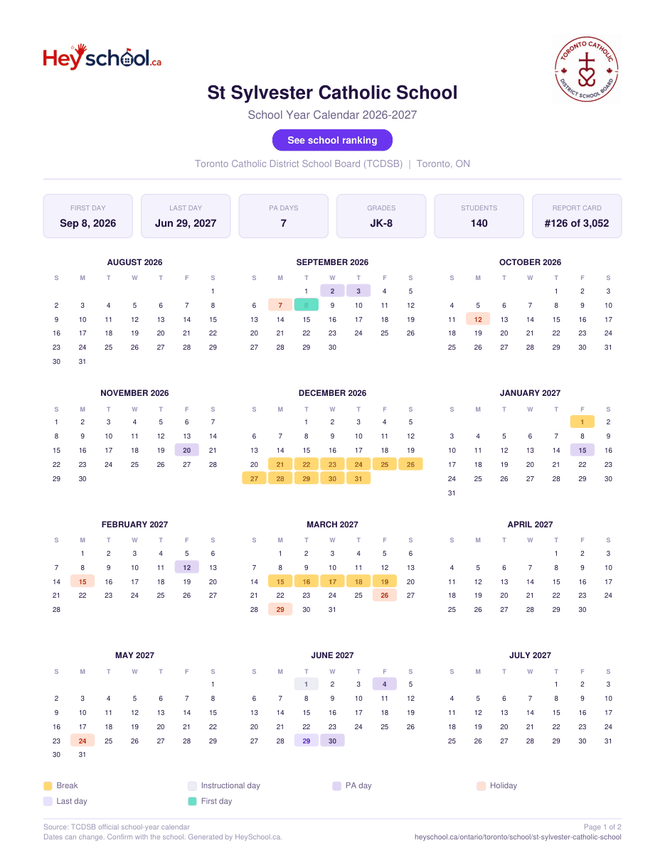 St Sylvester Catholic School School Year Calendar 2026-2027