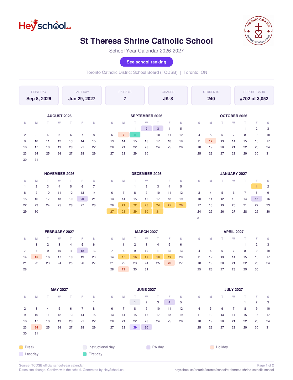 St Theresa Shrine Catholic School School Year Calendar 2026-2027