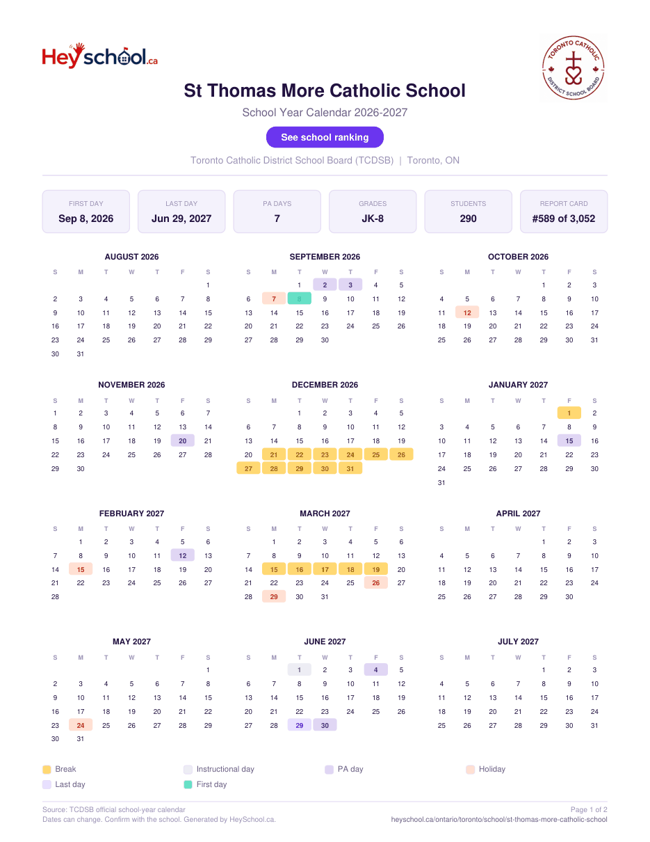 St Thomas More Catholic School School Year Calendar 2026-2027