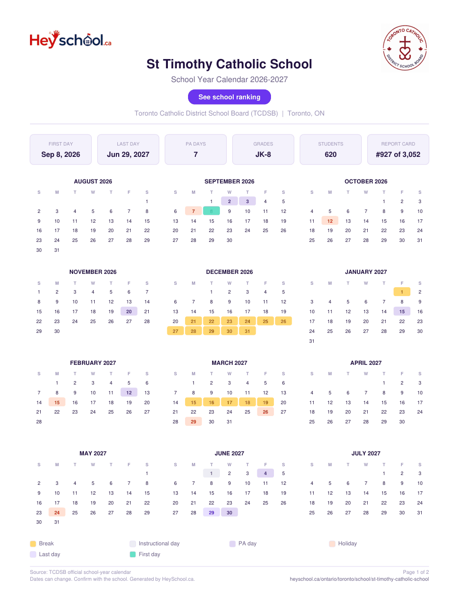 St Timothy Catholic School School Year Calendar 2026-2027