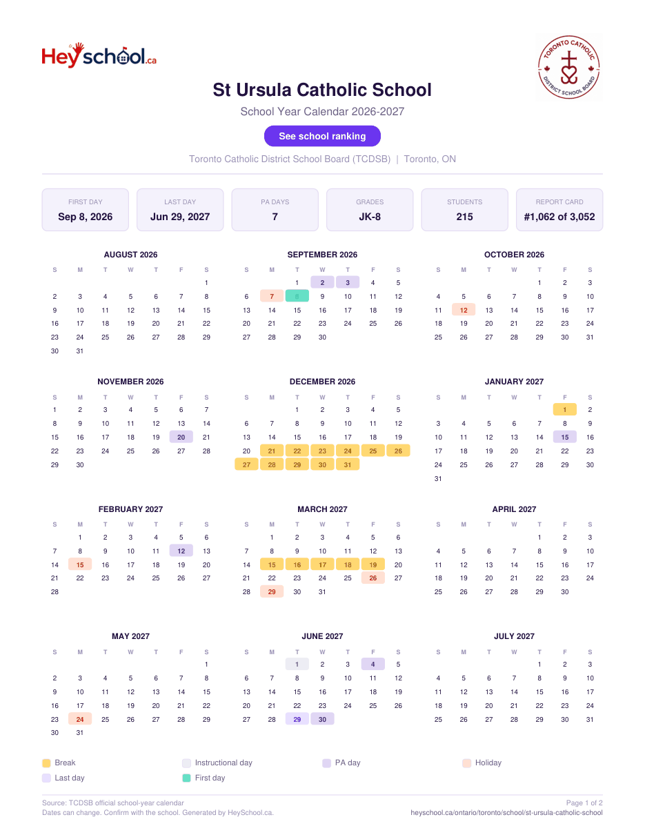 St Ursula Catholic School School Year Calendar 2026-2027