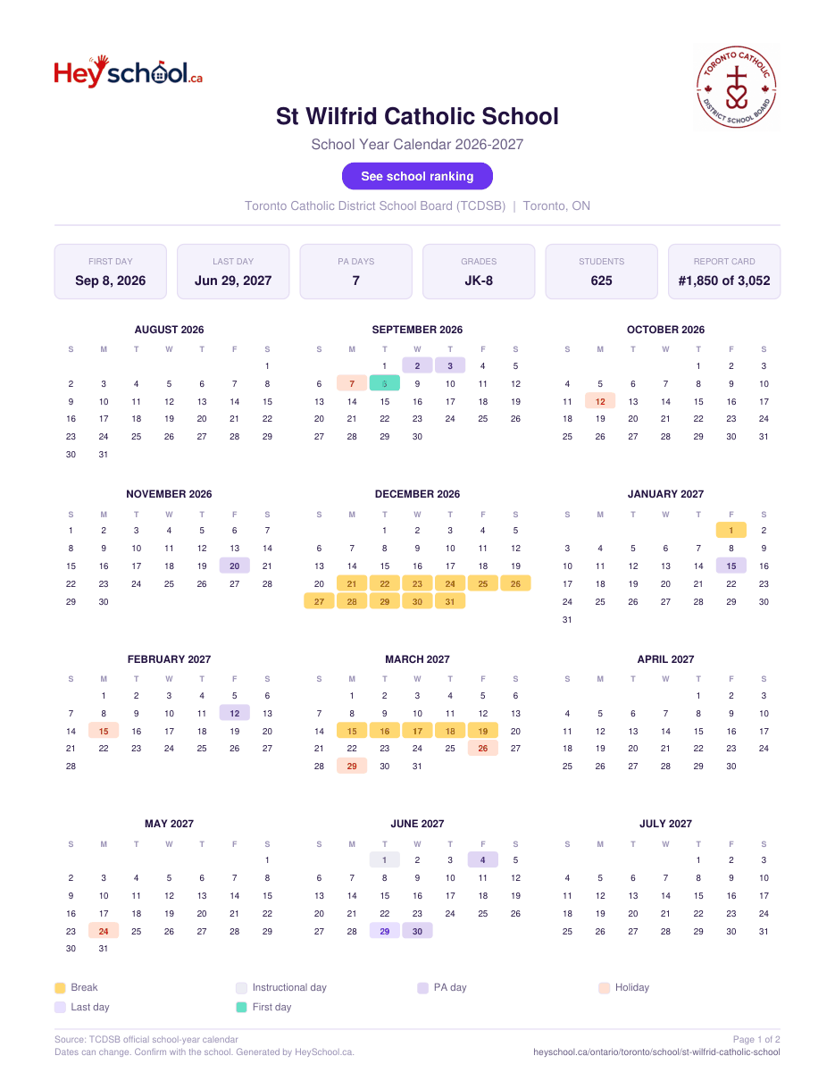 St Wilfrid Catholic School School Year Calendar 2026-2027