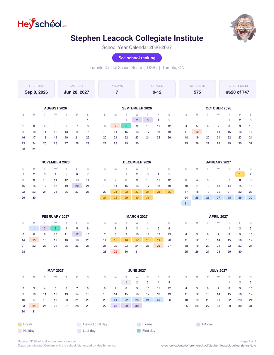 Stephen Leacock Collegiate Institute School Year Calendar 2026-2027