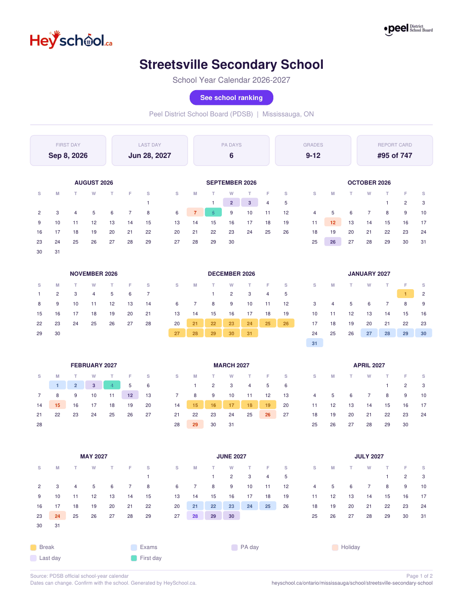 Streetsville Secondary School School Year Calendar 2026-2027