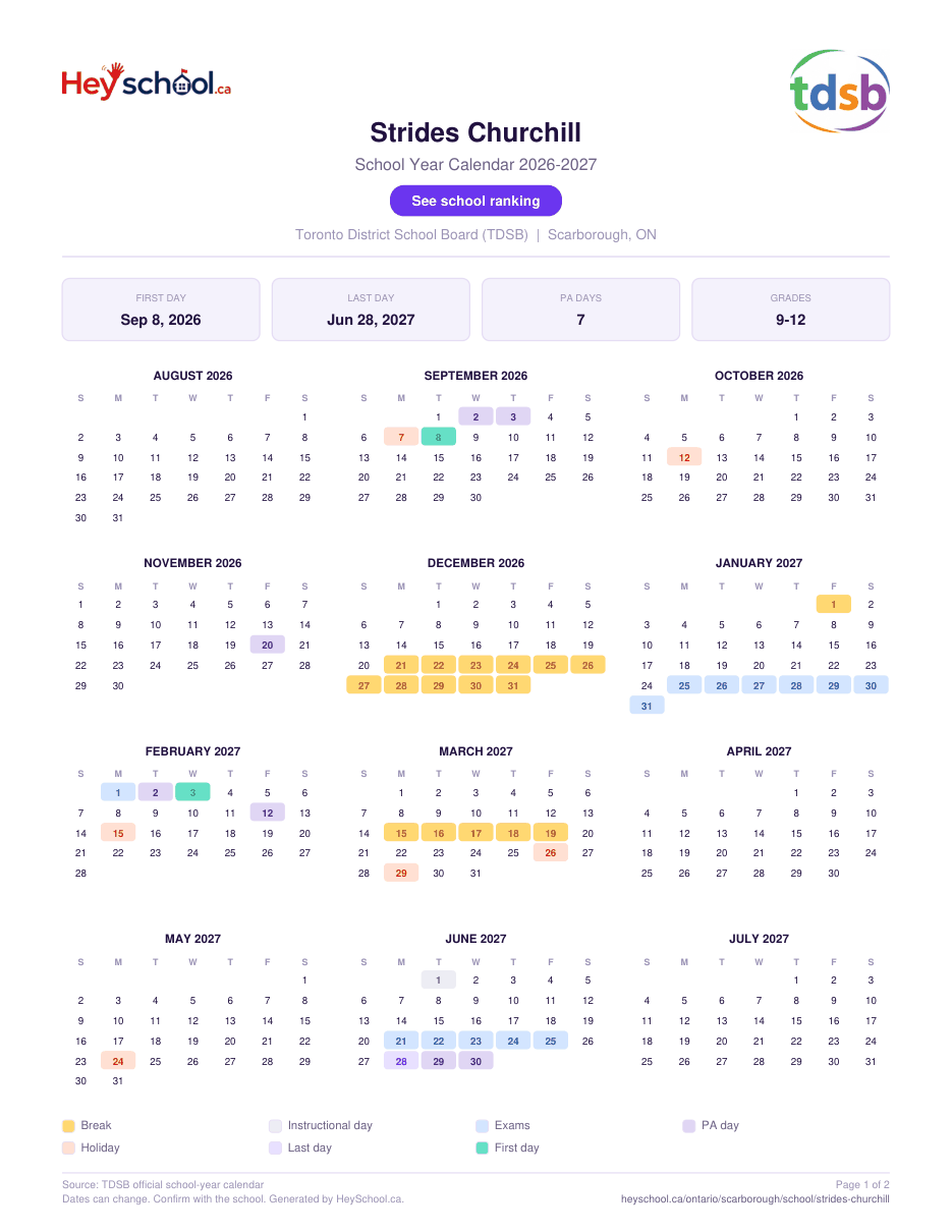 Strides Churchill School Year Calendar 2026-2027
