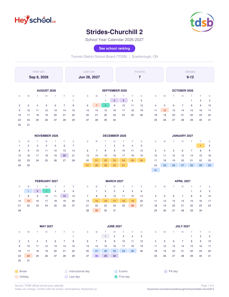 Strides-Churchill 2 School Year Calendar 2026-2027