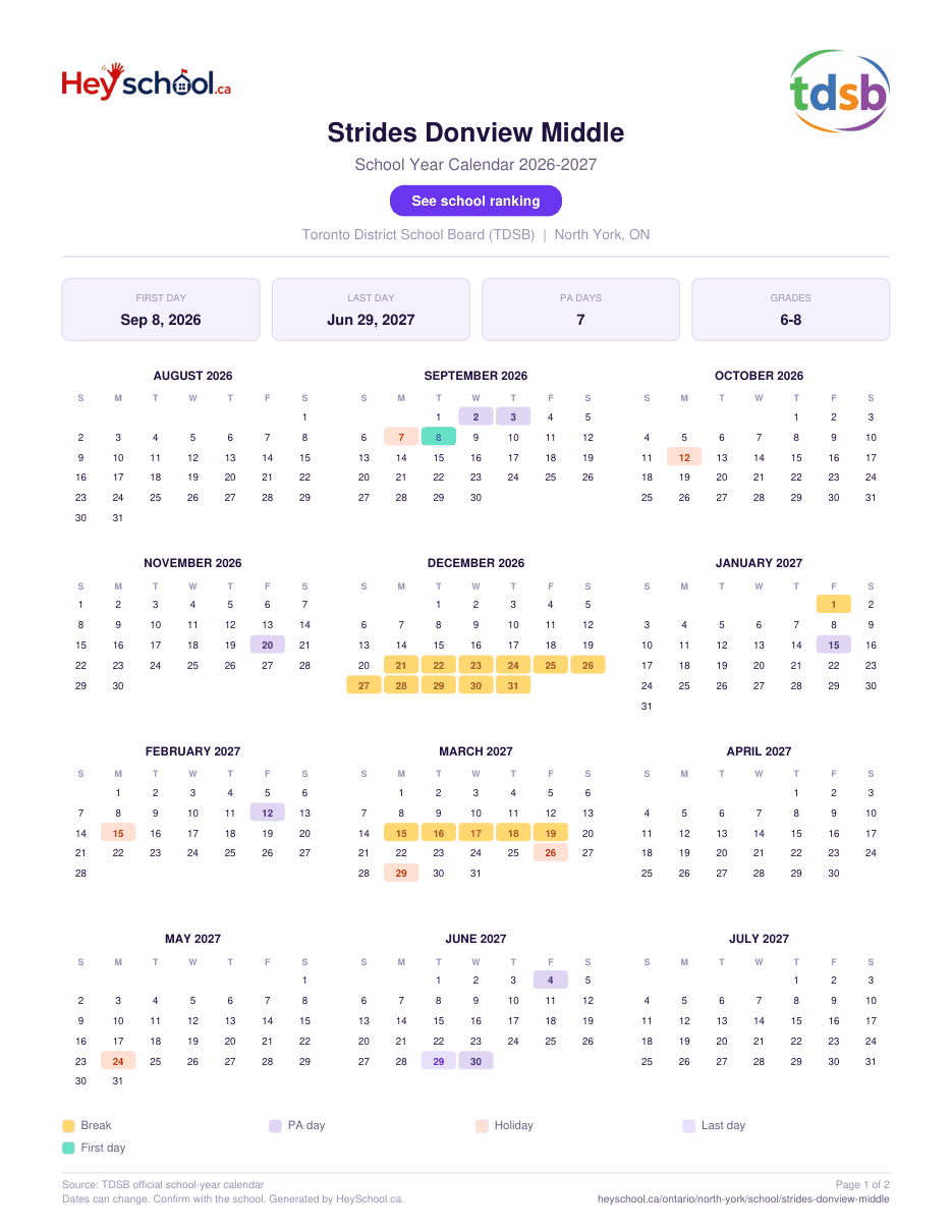 Strides Donview Middle School Year Calendar 2026-2027