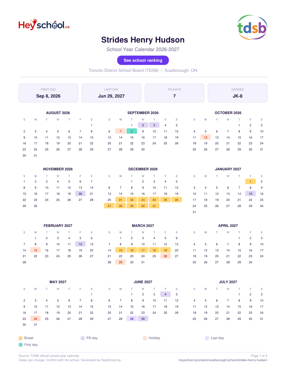 Strides Henry Hudson School Year Calendar 2026-2027