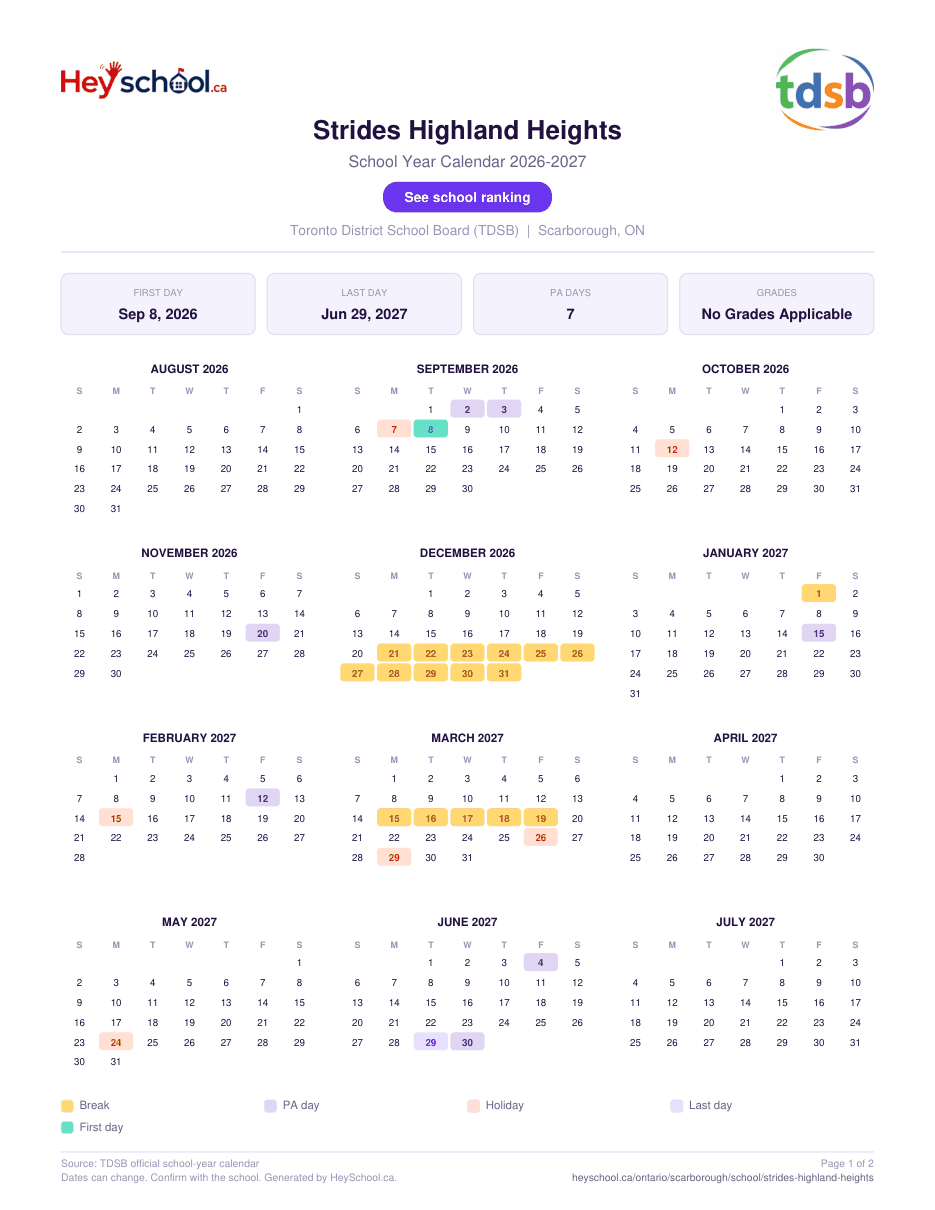 Strides Highland Heights School Year Calendar 2026-2027