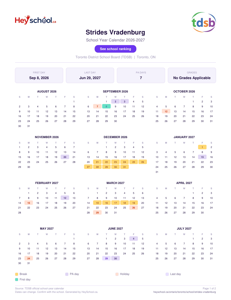 Strides Vradenburg School Year Calendar 2026-2027
