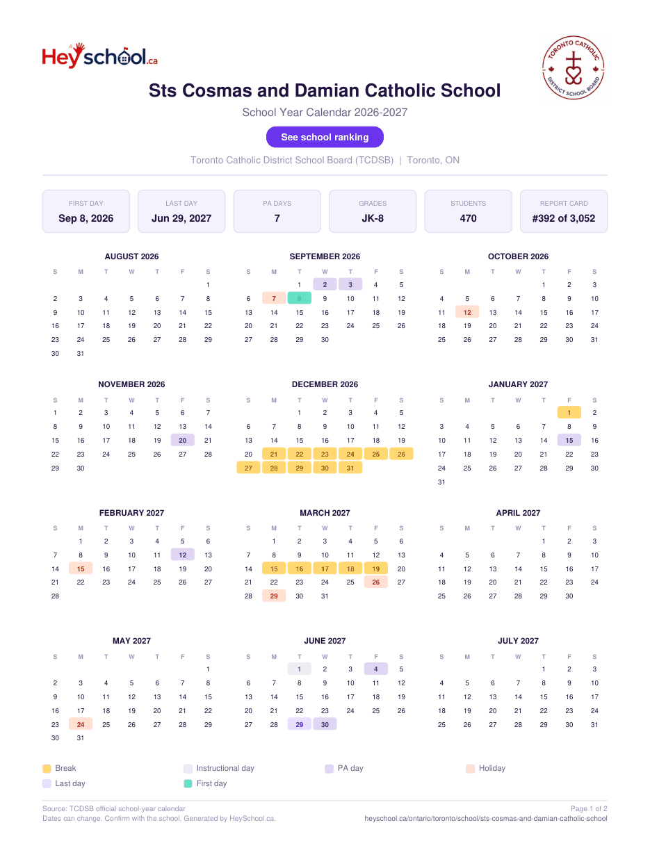 Sts Cosmas and Damian Catholic School School Year Calendar 2026-2027