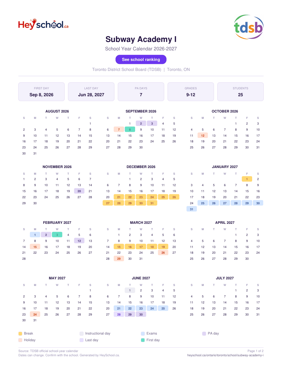Subway Academy I School Year Calendar 2026-2027