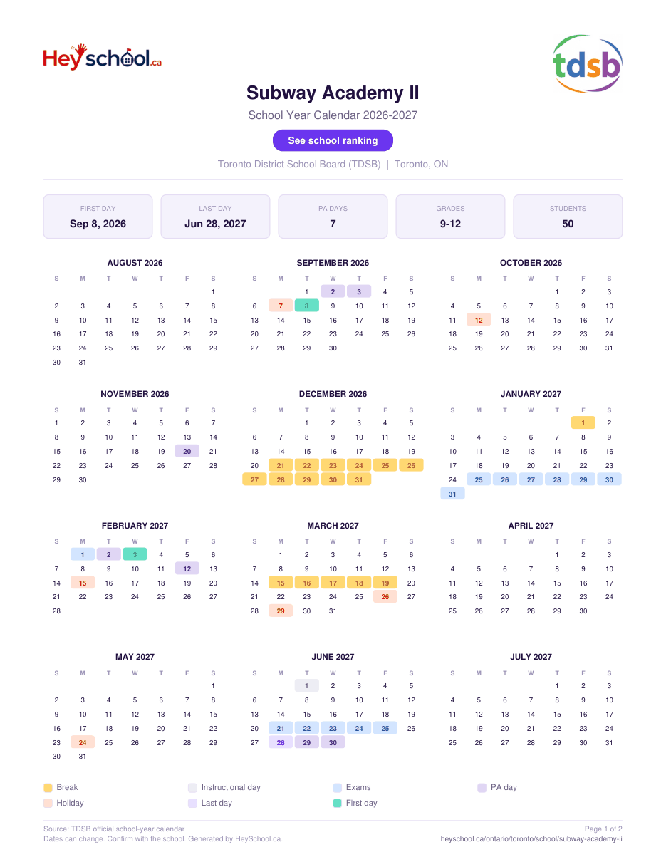 Subway Academy II School Year Calendar 2026-2027