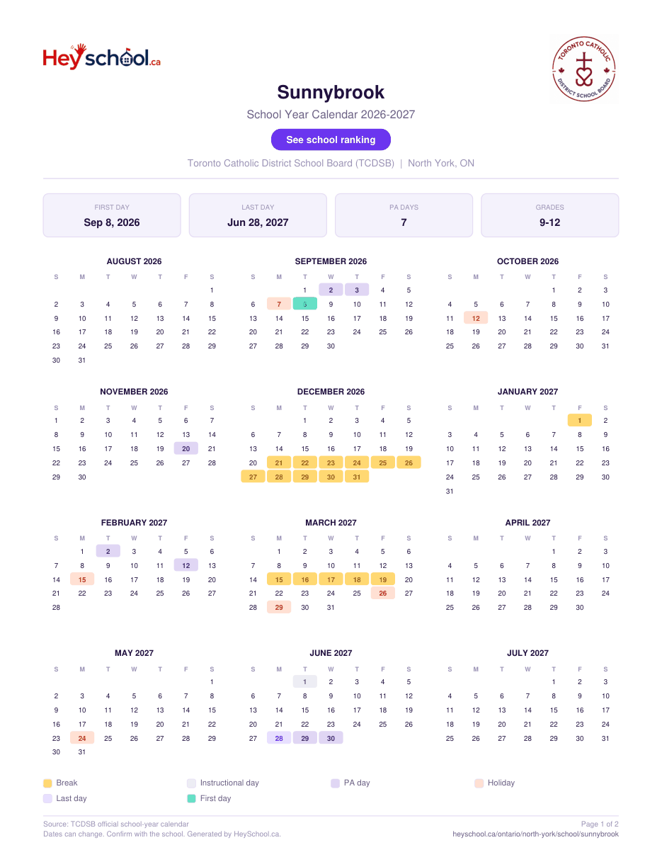 Sunnybrook School Year Calendar 2026-2027