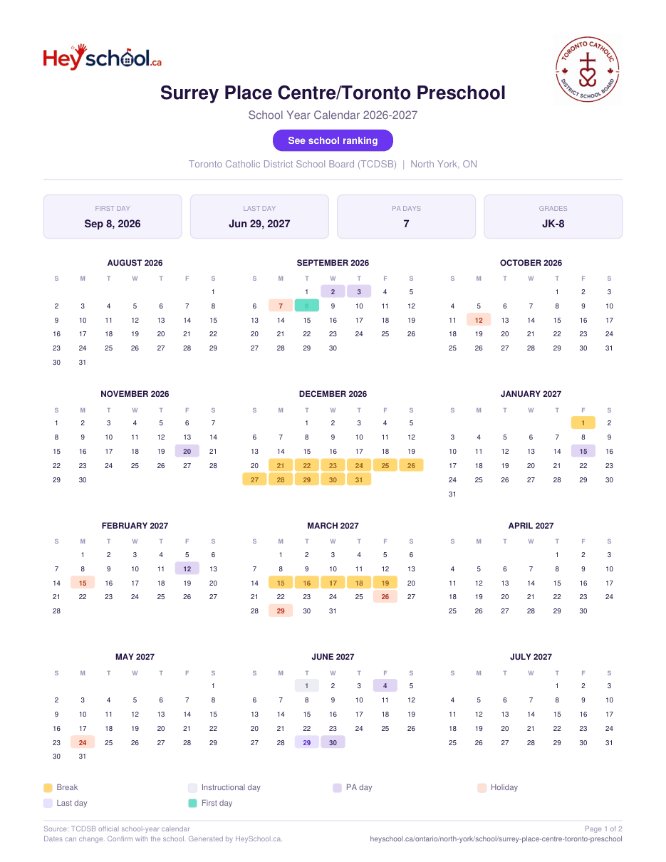 Surrey Place Centre/Toronto Preschool School Year Calendar 2026-2027