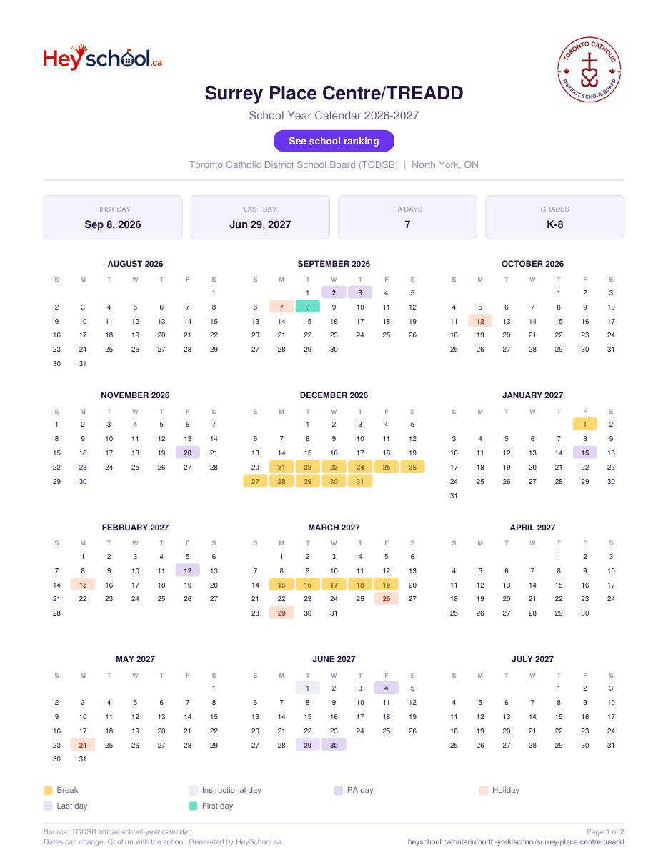 Surrey Place Centre/TREADD School Year Calendar 2026-2027